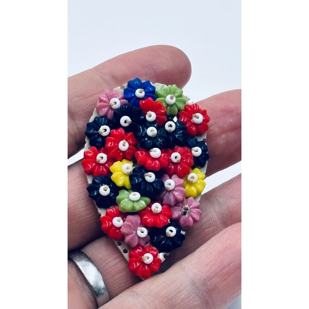 Antique Art Deco likely Miriam Haskell Multicolored Floral Mosaic Teardrop Clip